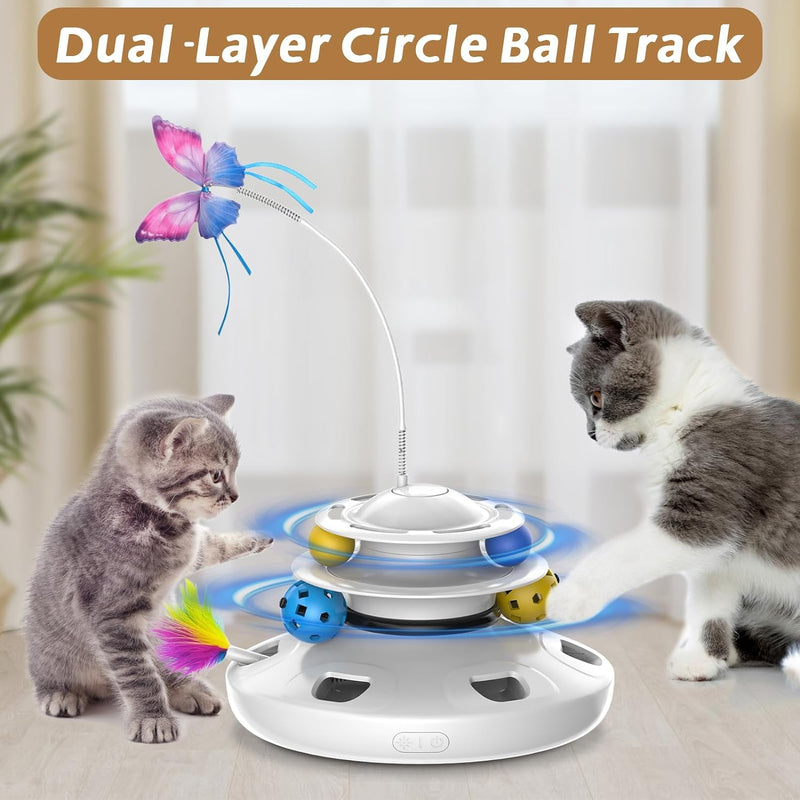 Cat Toys - 4in1 Rechargeable Automatic Cat Toy Interactive Kitten Toy Whack a Mole Fluttering Butterfly Ambush Feather Track Balls Toys Rechargeable Feather Toys Indoor Exercise Kicker White - BeesActive Australia
