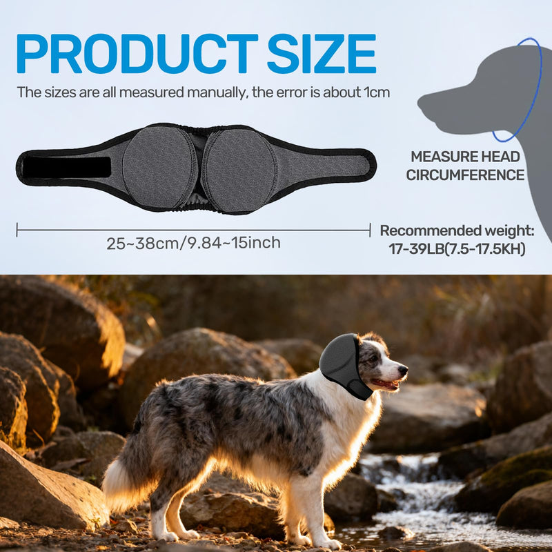 Dog Calming Ear Wrap with Noise Reduction, Anxiety-Soothing Headgear for Thunderstorms, Fireworks, Grooming, Adjustable Noise-Muffling Ear Cover for Medium Dogs and Large Puppies, Grey (S)