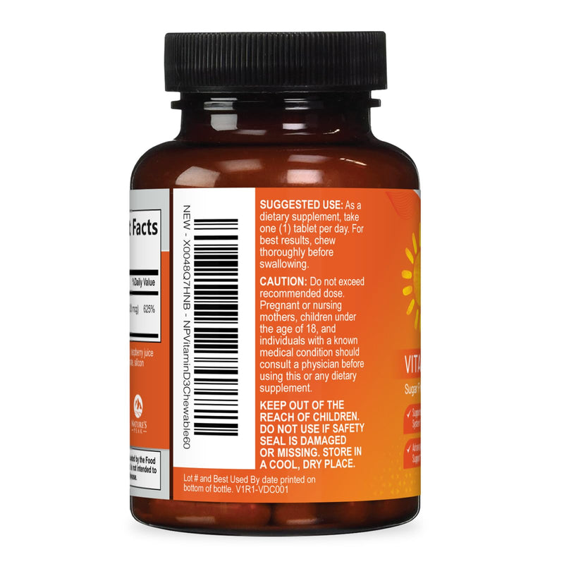 Vitamin D3 5000iu (125 mcg) Per Serving - 3X Strength Immune Health Support Vitamin D Dietary Supplement for Bone, Teeth, Muscle - Vit D, Vegan, Gluten Free, Raspberry Flavor - 60 Chewable Tablets 60 Count (Pack of 1)