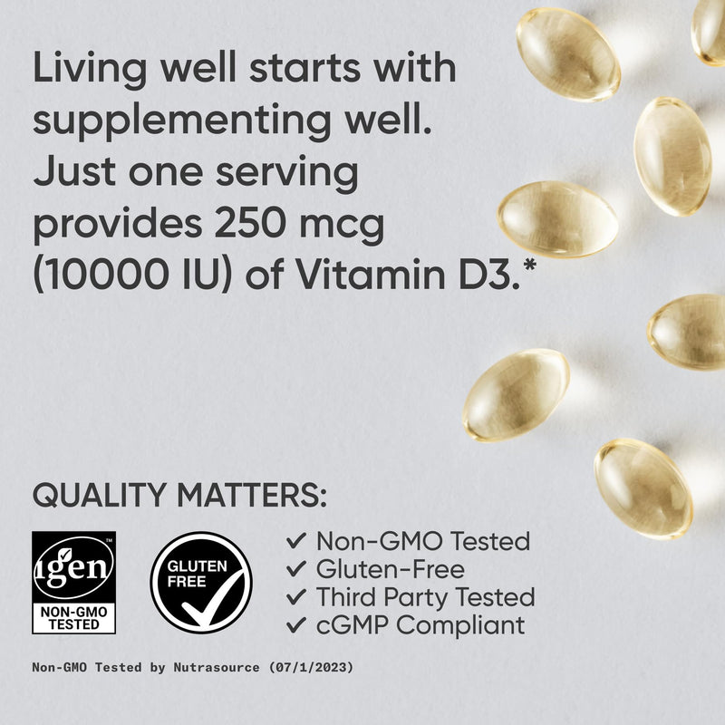 Sports Research® Vitamin D3 10,000iu/250mcg with Coconut Oil, 120 Softgels | Max Strength Vitamin D Supplement | Immune, Bone, Mood Support | Non-GMO, Soy Free - 120 Servings 120 Count (Pack of 1) D3 (10,000 IU)