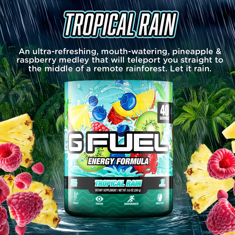 Gamma Labs G Fuel Tropical Rain Energy Drink Powder, Pre Workout Caffeine Mix for Gaming, Sugar Free Focus Amino, Vitamin + Antioxidants, 9.8oz Fruit Medley, 40 Servings Pineapple Raspberry Medley