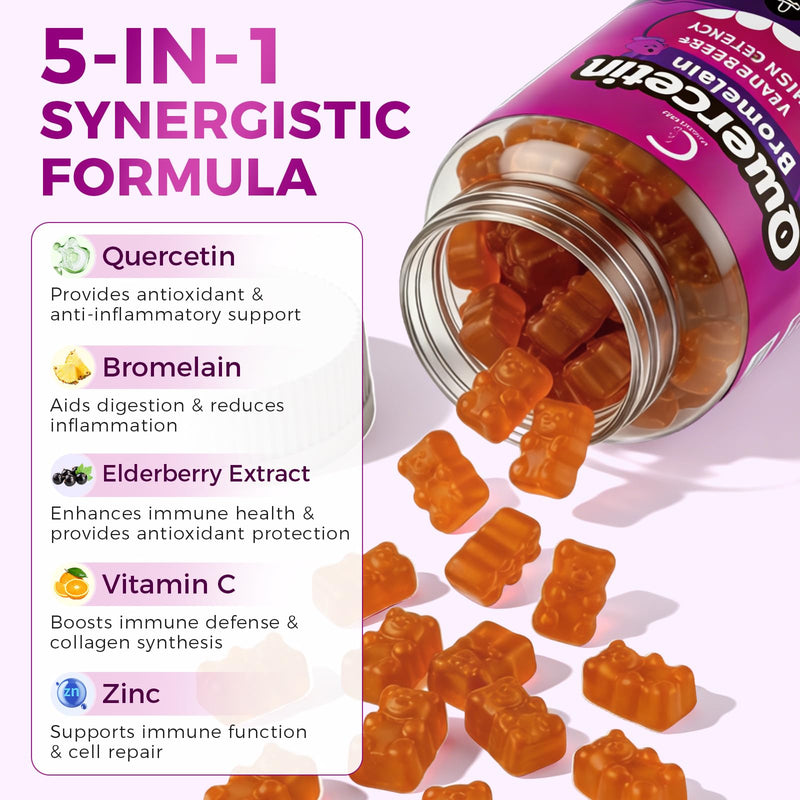 Quercetin with Bromelain Gummies, Support Immune, Vegan, Non-GMO, 2 Pack | Quercetin & Bromelain, Vitamin C, Zinc & Elderberry, Respiratory Health & Antioxidant Supplement, Vegan, 120 Gummies
