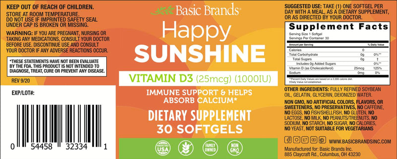Basic Brands Happy Sunshine Vitamin D3 1000 IU | Immune & Bone Health, Muscle Function, Vitamin D3 25 mcg (1,000 IU), Gluten-Free, Non-GMO, 30 Softgels