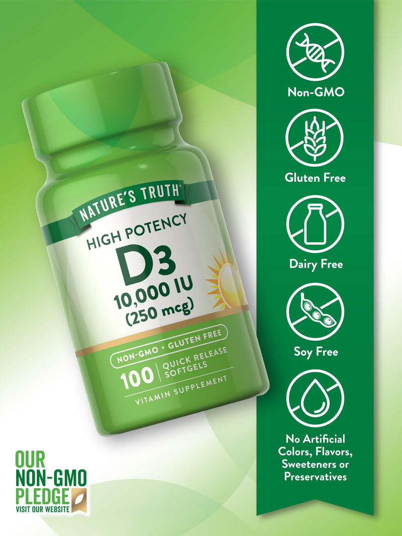 Nature's Truth D3 Vitamin 10,000 IU Softgels Supplement | 100 Count | High Potency Formula | Non-GMO and Gluten Free 100 Count (Pack of 1)