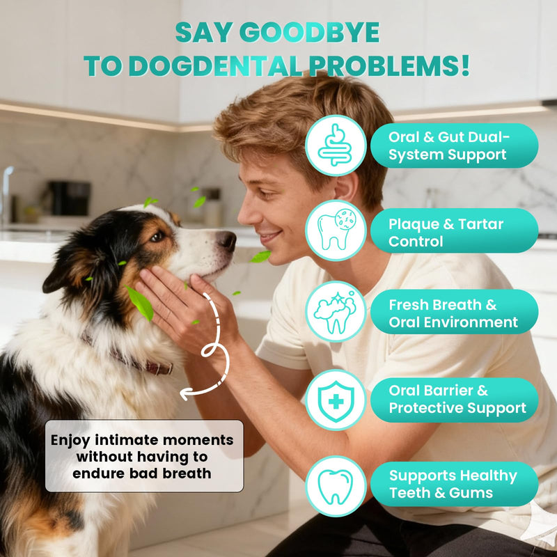 Dog Dental Powder for Teeth Cleaning with Probiotic & Tartar Remover, Fresh Breath Support, No Brushing Oral Care, Chicken Flavor, 60ct
