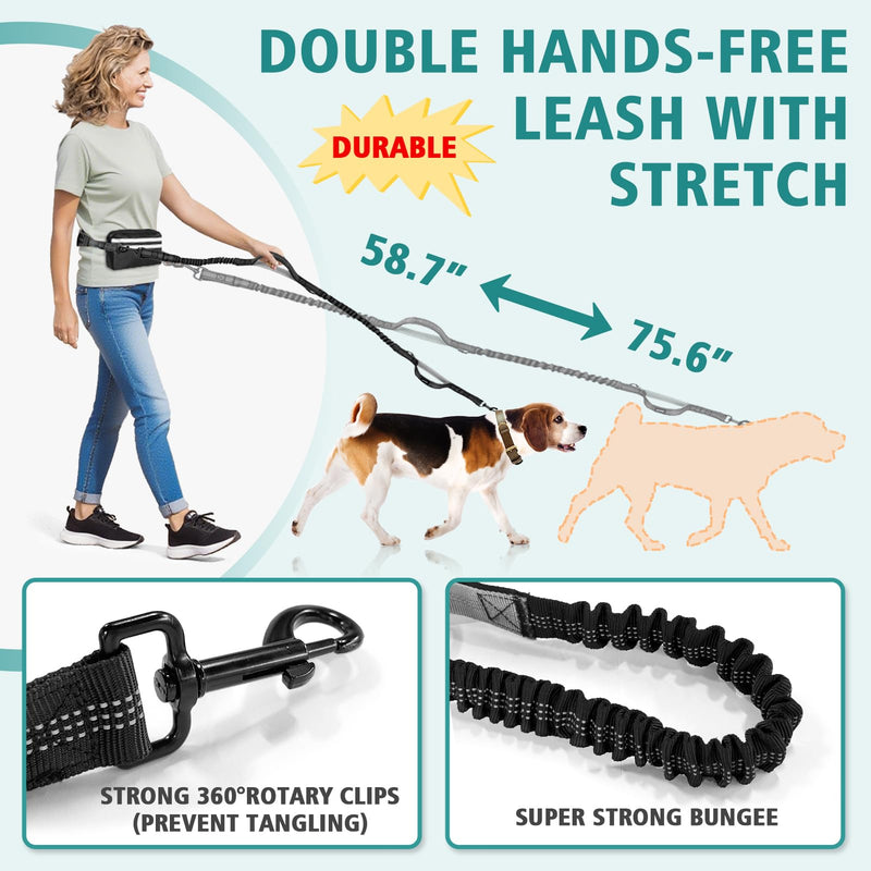 Hands Free Dog Leash for 2 Dogs with Safety Lock and Extra-Thick Waist Belt, Waist Leash for Dog Walking Running, Double Retractable Dog Leashes for Two Dogs with Double Padded Handles, Black - BeesActive Australia