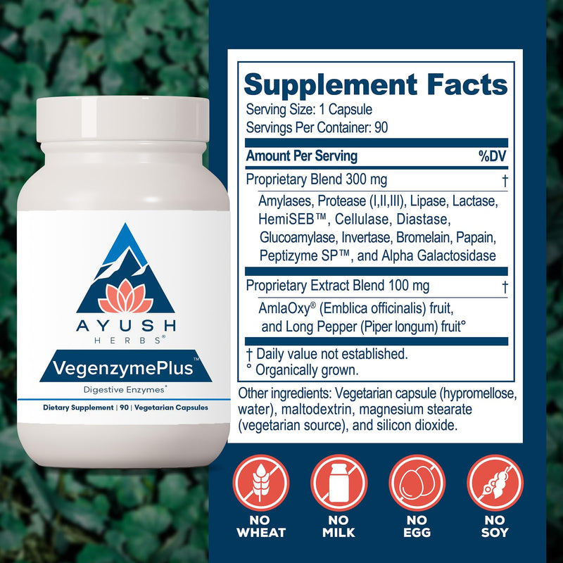 Ayush Herbs VegenzymePlus, Digestive Enzymes for Women & Men, 60 Servings | Enzymes for Digestion with Bromelain, Lipase, Lactase, Protease, 100% Vegetarian Gut Health Supplement