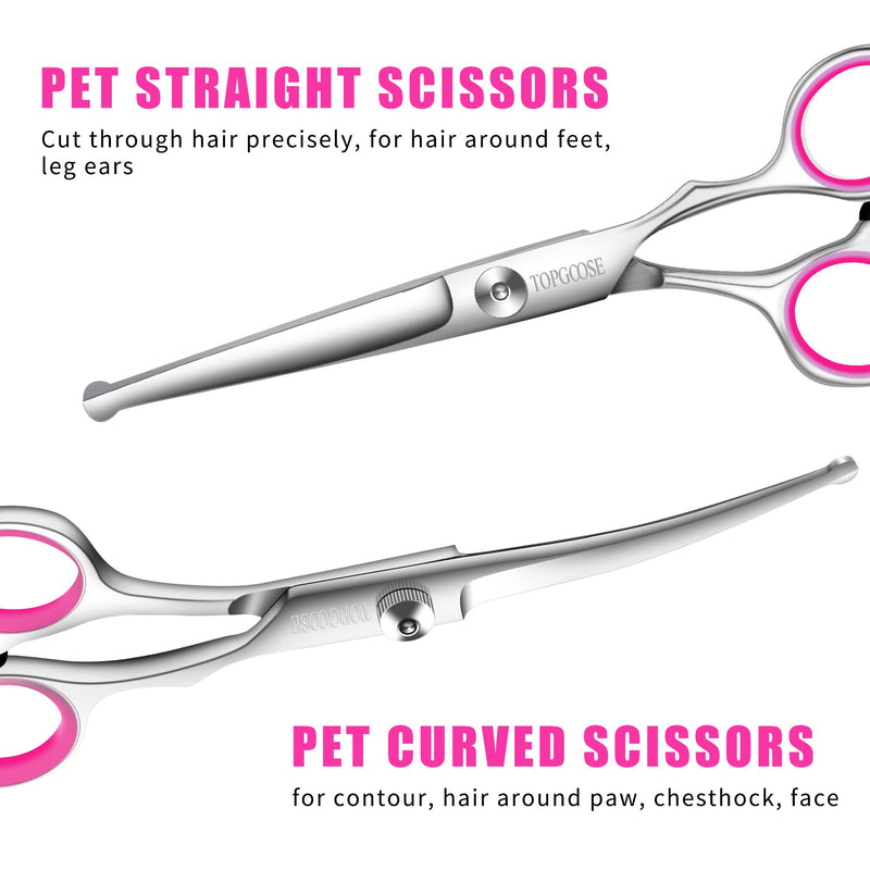 TOPGOOSE Dog Grooming Scissors Set, Safety Round Tip Grooming Tools 6 Piece Kit for Pets Dogs Cats Full Body - Professional Curved Thinning Straight Scissors Comb (Pink) Pink - BeesActive Australia