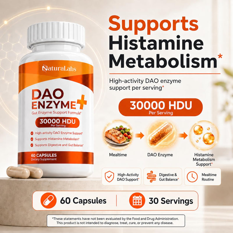DAO Supplements Histamine Blocker – Enzyme + Triple-Strength 30,000 HDU | DAO Enzyme + Vitamin C, 60 Capsules, Histamine Intolerance & Gut Support, High Activity DAO