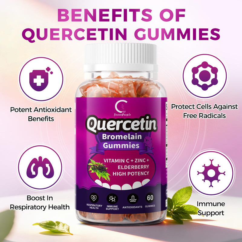 Quercetin with Bromelain Gummies, Support Immune, Vegan, Non-GMO, 2 Pack | Quercetin & Bromelain, Vitamin C, Zinc & Elderberry, Respiratory Health & Antioxidant Supplement, Vegan, 120 Gummies