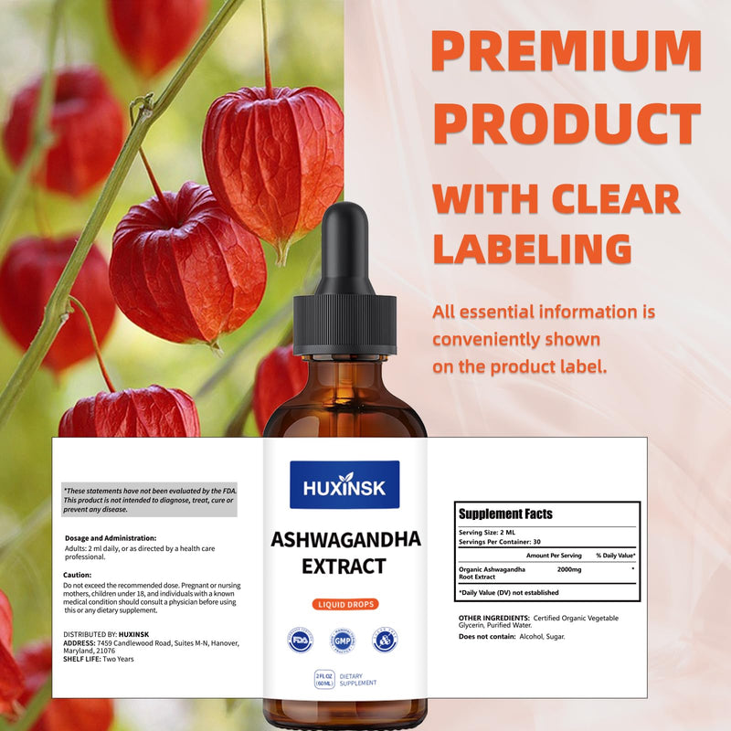 Ashwagandha Liquid Drops Extract | Certified Organic Withania Somnifera | Natural Stress Relief & Energy Support | Alcohol-Free, 60ml Adaptogen Tincture Ashwagandha