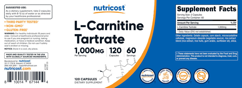 Nutricost L-Carnitine Tartrate 1000mg, 120 Capsules, 60 Servings | 500mg Per Capsule 120 Count (Pack of 1)