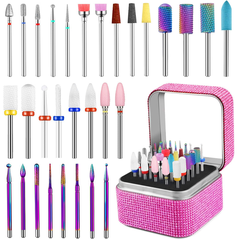 Cellentool 30Pcs Nail Drill Bits Set with Rhinestone Storage Box, 3/32 Inch Ceramic Diamond Carbide Nail Drill Bits for Acrylic Gel Polish, Cuticle Efile Remover for Manicure (Pink) Pink