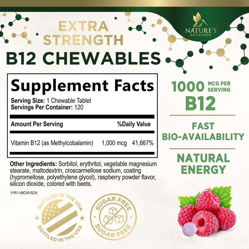 Vitamin B12 - 1000 mcg Per Serving Maximum Strength Methylcobalamin B-12 Chewable Tablet - Energy, Nervous System & Brain Support - Fast Dissolve, Gluten-Free, Non-GMO for Women & Men - 120 Tablets 120 Count (Pack of 1)