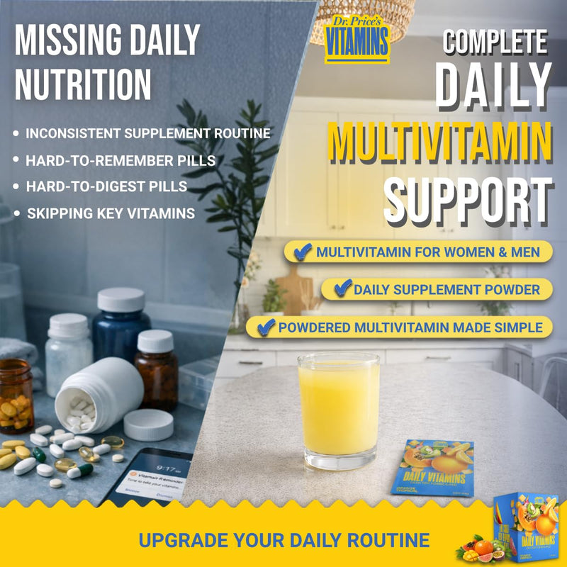 Dr. Price's Vitamins Multivitamin Powder, Vitamin C, Orange Tropical, 30pk | Daily Supplement Drink Mix, Vitamin D3, B12 & B Complex, Minerals, Sugar Free, Made in USA, Doctor-Formulated