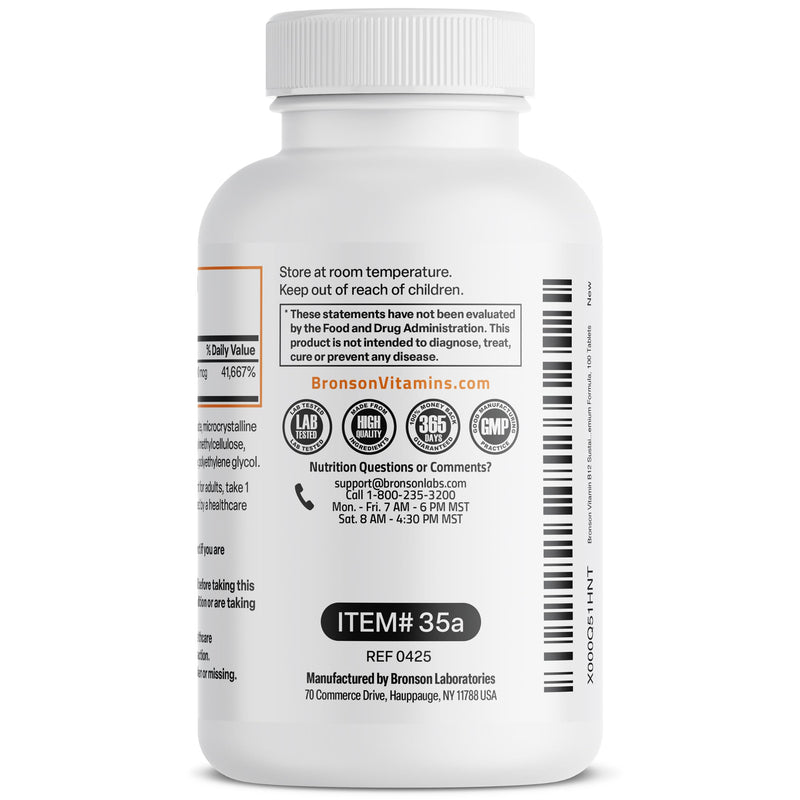 Bronson Vitamin B12 1000 mcg Sustained Release, Energy Support, 100 Tablets | Healthy Brain Function & Nervous System Support, Vegan, Non-GMO, Gluten-Free & Soy-Free 100 Count (Pack of 1)