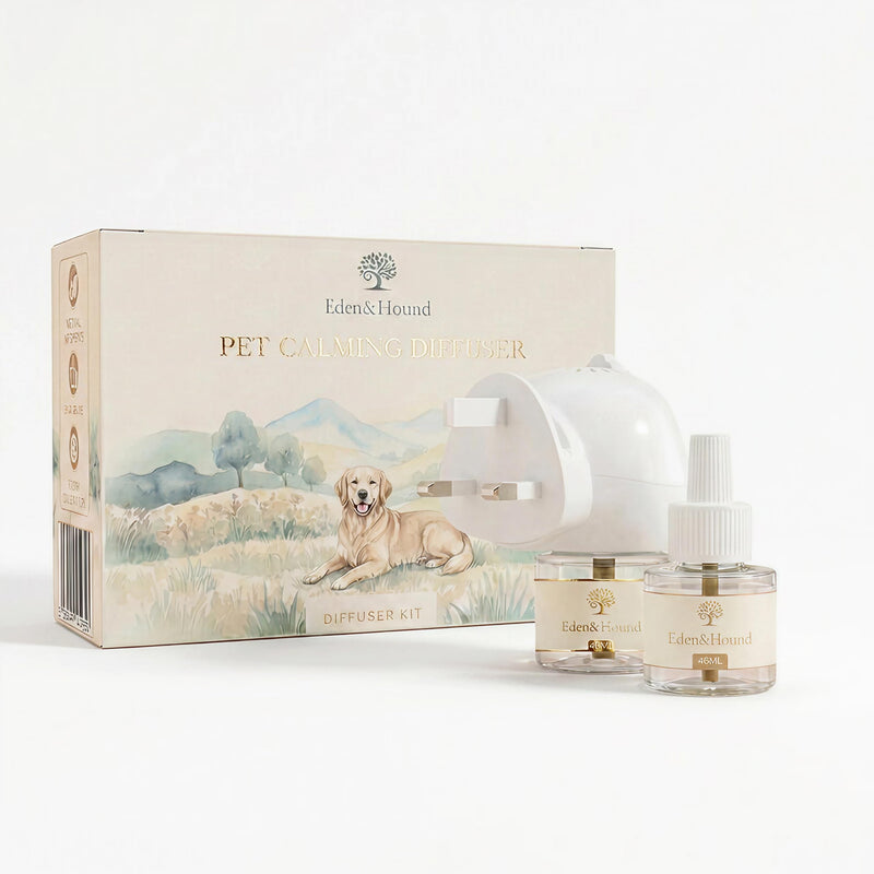Eden & Hound Dog Calming Diffuser Starter Kit | Plug In Pheromone Diffuser for Dogs with 60 Day Refill | Helps Reduce Anxiety & Stress | Warm Ambient Night Light