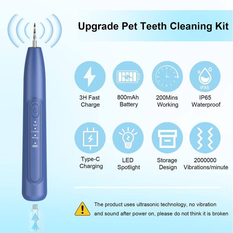 Ultrasonic Dog Teeth Cleaner, 3 Modes Sonic Tooth Cleaner for Dogs, Low Noise Sonic Dog Plaque and Tartar Remover with LED Light, 2 Cleaning Head, Toothbrush, Dental Mirror Probe Tweezer and Scraper Blue