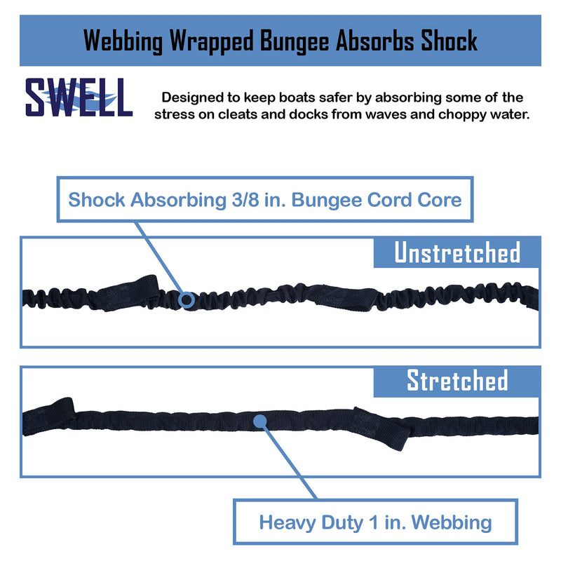 SWELL Wakesurf - Bungee Dock Line 6 Ft. - Adjustable Length Webbing, Shock Absorbing Cord Protection Boat Tie Fender Rope Black