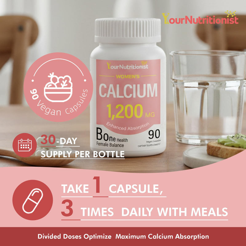 Women’s Calcium Supplement 1200mg, Calcium Complex, Bone & Mineral Support | 1200mg Calcium Citrate Per Serving, Magnesium Glycinate, Vitamin D3 & K2, Trace Mineral Blend for Women, 90 Vegan Capsules