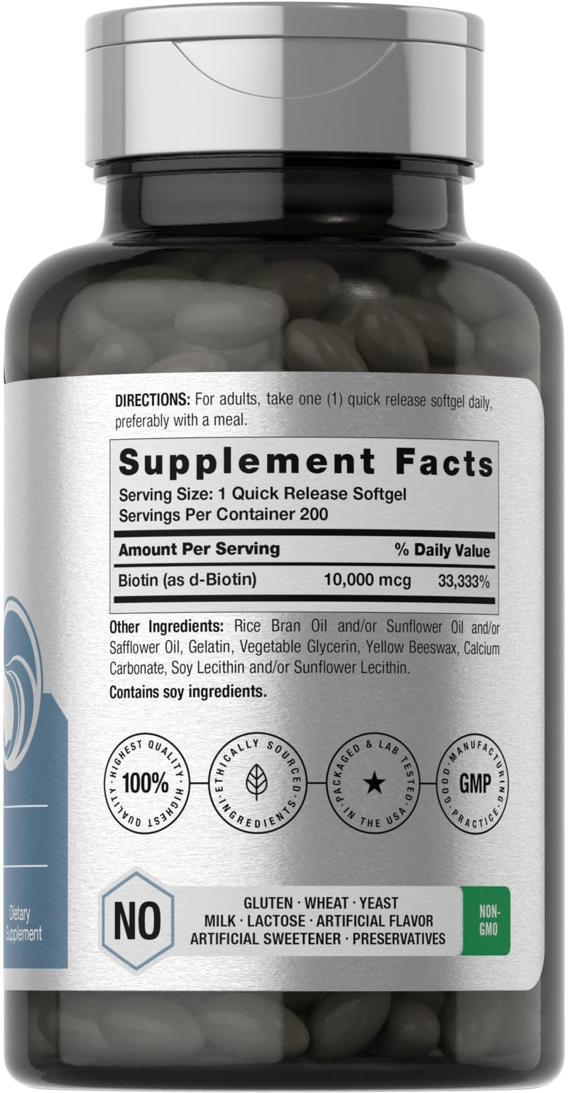 Horbäach Biotin 10000 mcg | 200 Softgels with Vitamin B7 | Beauty Formula Supplement | Non-GMO & Gluten Free