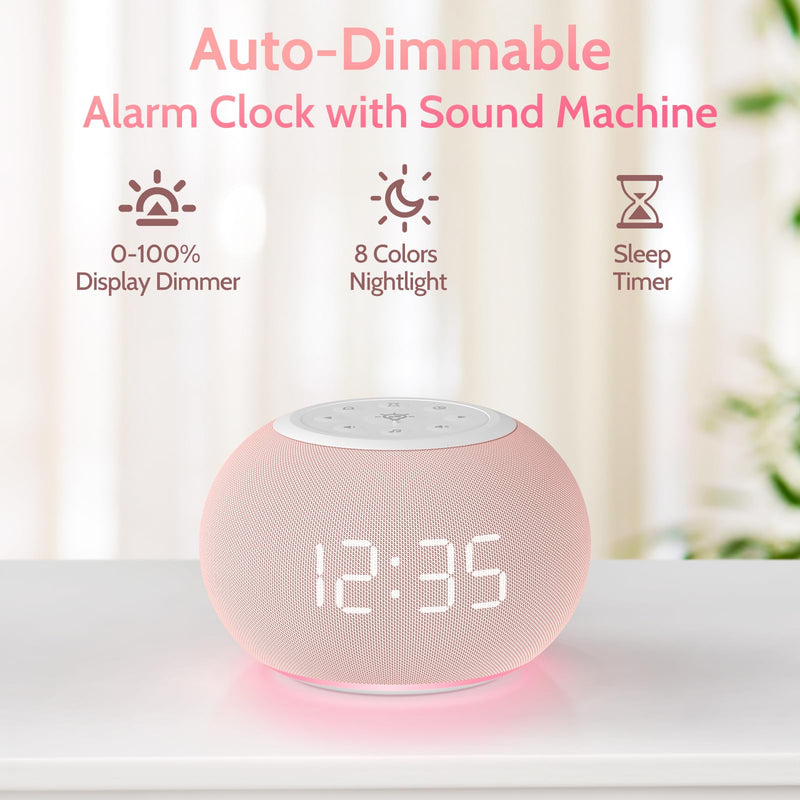 Reacher Auto Dimmable Sound Machine Alarm Clock with Night Lights, 20 Soothing Sounds, Sleep Timer, Precise Volume Control, Cute White Noise Soother for Girls, Kids, Bedrooms, Office Pink