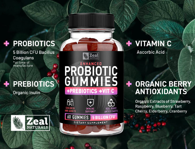 Probiotic Gummies for Adults and Kids (60 Count | 5 Billion CFU) w/Organic Berry Antioxidants & Vitamin C for Immune Support and Digestion gummy- Prebiotics and Probiotics for women Gummies