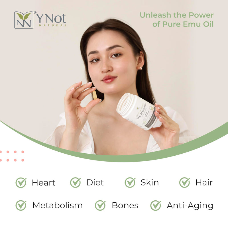 Y Not Natural Pure Emu Oil Capsules – Heart, Hair, Joint & Metabolism Support Supplement – Pharmaceutical Grade with CLA, Omega 3-6-9, Vitamins K2, A & E, 1000mg, 100 Capsules 100 Count (Pack of 1)