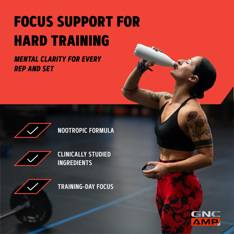 GNC AMP Amplified Focus, Fuels Mental Clarity, 60 Tablets | Features Teacrine, Bacopa, Caffeine, and NeuroFactor to Support Cognitive Focus, Concentration, and Memory