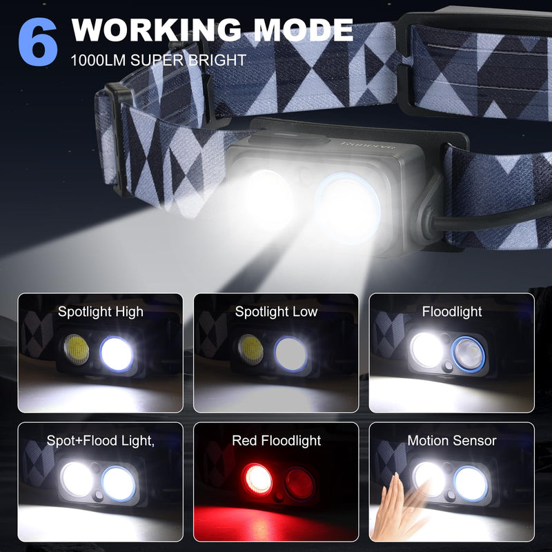 LED Rechargeable Headlamp, 1000LM Motion Sensor Headlight– Spotlight & Floodlight, 90° Tilt, Reflective Battery Pack, IPX4 Waterproof, Comfortable Split Design for Camping Hiking Running Fishing