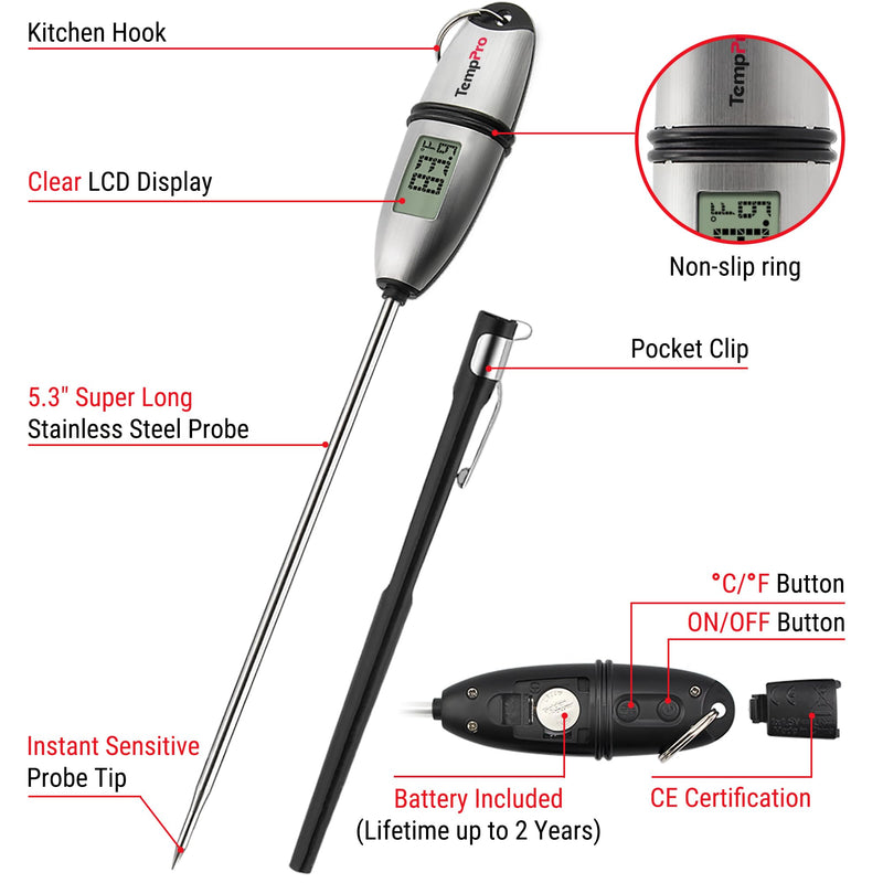 TempPro TP02S (2 Pack) Digital Food Thermometer for Cooking Bread Baking Sourdough Liquids, Meat Thermometer Digital with Super Long Probe for Kitchen BBQ Candy Making Accessory (Previously ThermoPro) 2