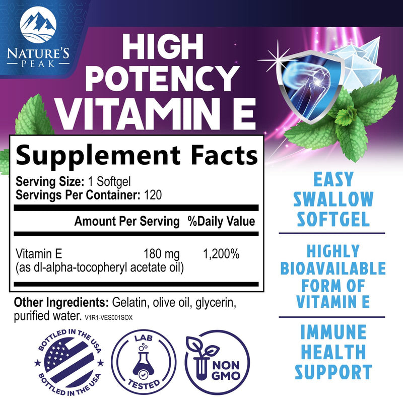 Vitamin E 180 mg Per Serving Softgels - E Vitamin DL-Alpha, Antioxidant-Rich Dietary Supplement for Skin, Heart, and Immune Support, Bottled USA, Easily Absorbed, Non-GMO & Gluten Free - 120 Softgels 120 Count (Pack of 1)
