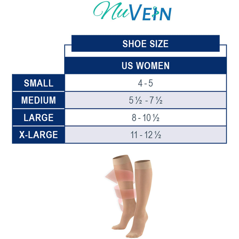 NuVein Sheer Compression Stockings for Women, 8-15 mmHg Support, Light Denier, Knee High, Closed Toe, Black, Large Large (1 Pair)