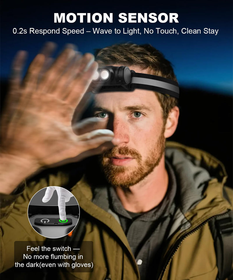 Rechargeable Headlamp 3PCS, High Lumens Bright Head Lamp Led with Motion Sensor, 4 Modes, Magnet, Detachable Flashlight & Headband for Adult,Running,Outdoor,Emergency,Hard Hat Light 3 Pack