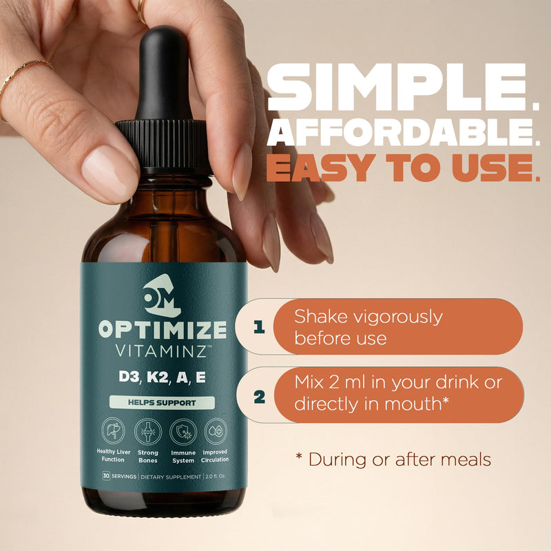 Optimize Vitaminz Liquid Vitamin D3 K2 Drops with Dandelion Root & Bilberry | Immune, Liver & Bone Support, MK-7 Formula, Fast Absorption Liquid Multivitamin, 30 Day Supply, 2 Fl Oz