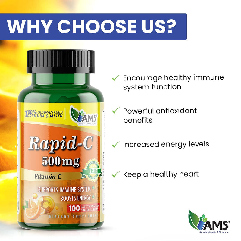 America Medic & Science Rapid-C 500mg Vitamin C Supplement (3 Pack of 100 Tablets) Energy Booster, Daily Immune System Support, Antioxidant | Vegan, Non-GMO Coated Ascorbic Acid for Adult Men & Women 100 Count (Pack of 3)