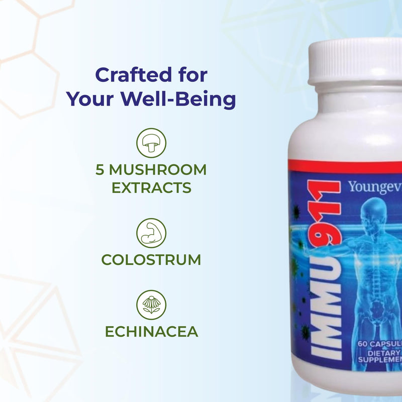 Youngevity Immu-911 Immune Support with Colostrum & Mushrooms, 60 Caps | Colostrum, vitamin C, zinc, echinacea, astragalus, pau d'arco bark, six-mushroom blend, advanced immune support, 60 caps