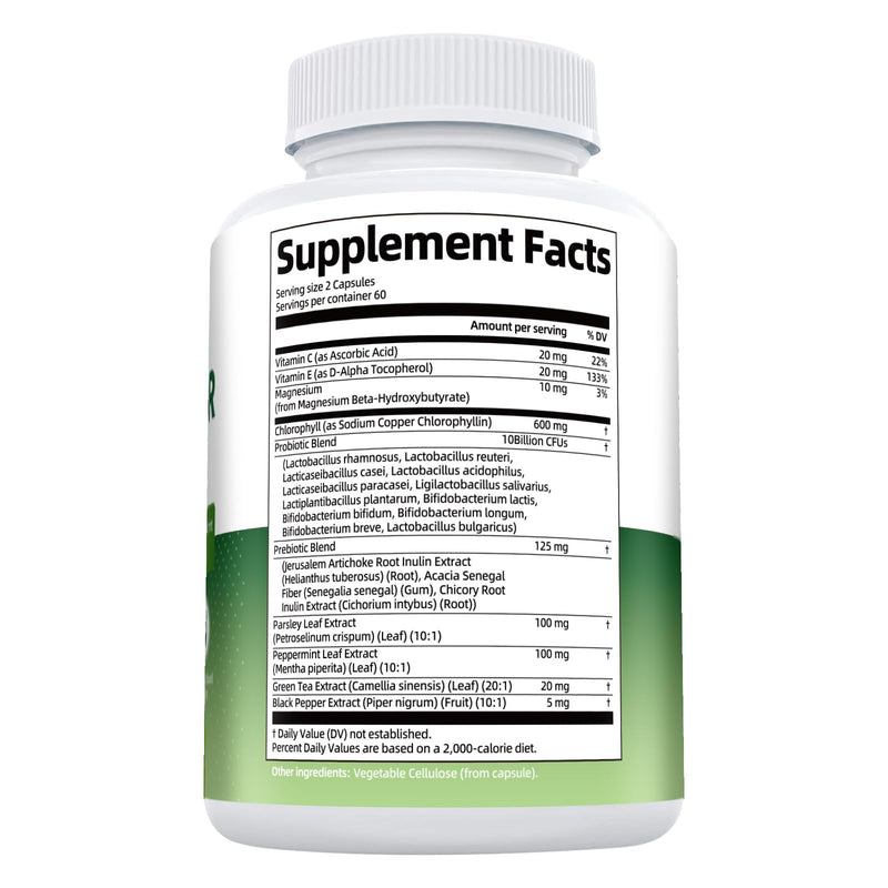 Chlorophyll Body Deodorizing Supplement, Chlorophyll Capsules with Parsley & Peppermint, Probiotic, Green Tea, Jerusalem Artichoke, Prebiotic, Supports Fresh Breath & Whole-Body Freshness, 120 Caps 120 Count (Pack of 1) - BeesActive Australia