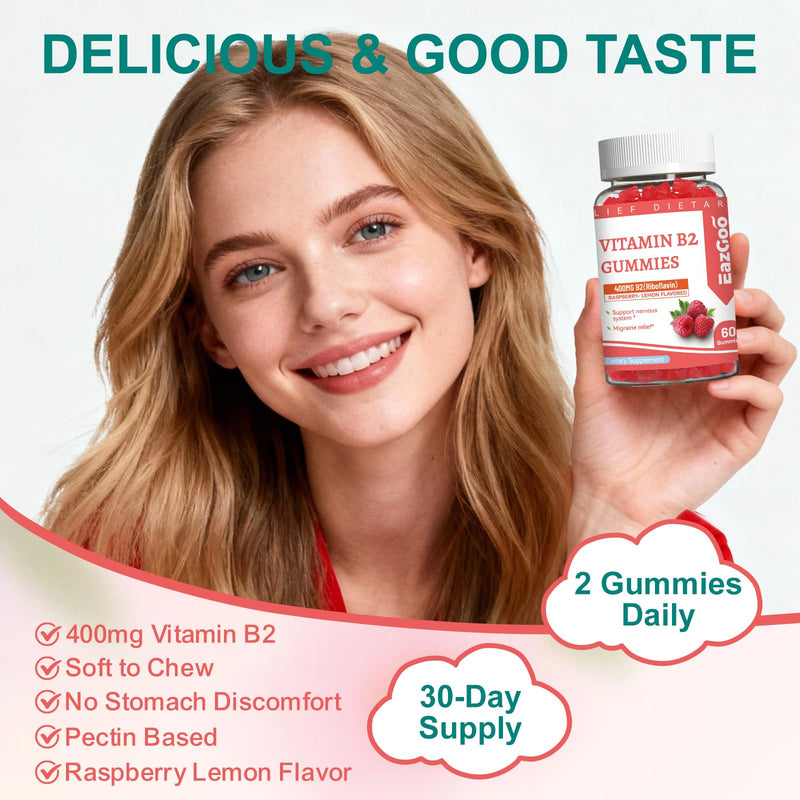 Vitamin B2 Gummies - Riboflavin 400mg Supplement with Magnesium for Adults | B2 Gummies for Migraine Relief* & Nervous System Support* | Vegan, Sugar-Free | Raspberry-Lemon Flavor | 60 Count 60 Count (Pack of 1)