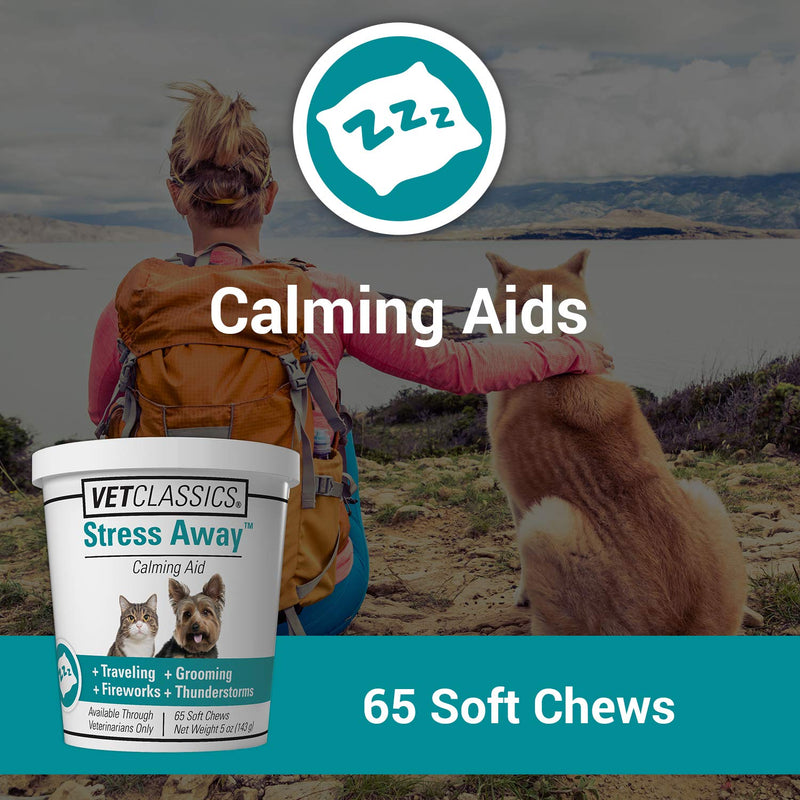 Vet Classics Stress Away Calming, Anxiety Aid for Dogs and Cats – Soft Chew Pet Health Supplement for Dogs, and Cats - Melatonin, Ginger – 65 Soft Chews 5 Ounce (Pack of 1)