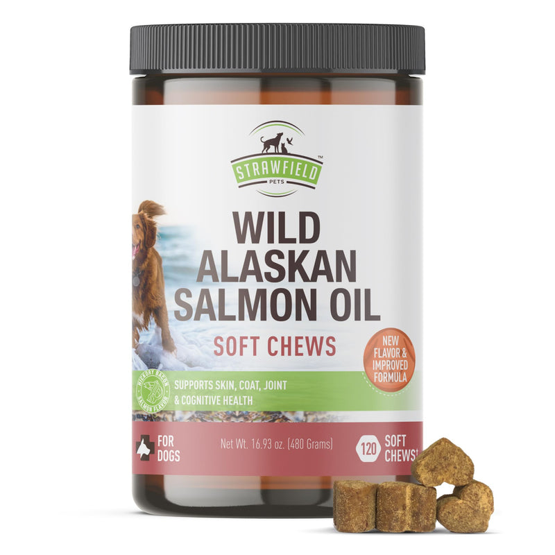 Strawfield Pets Salmon Dog Chews Omega 3 Fish Oil Chews with Wild Alaskan Salmon Oil Skin & Coat + Seasonal Allergy Support Hip & Joint Dog Supplement + EPA & DHA Made in USA