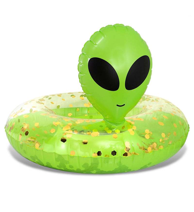 POZA Inflatable Alien Pool Float Tube - Heavy Duty Vinyl UV Resistant Confetti Pool Alien Floatie, Cool Pool Float Swim Ring Pool Inflatables for Kids, Adults for Beach, Party, Vacation Green Gold