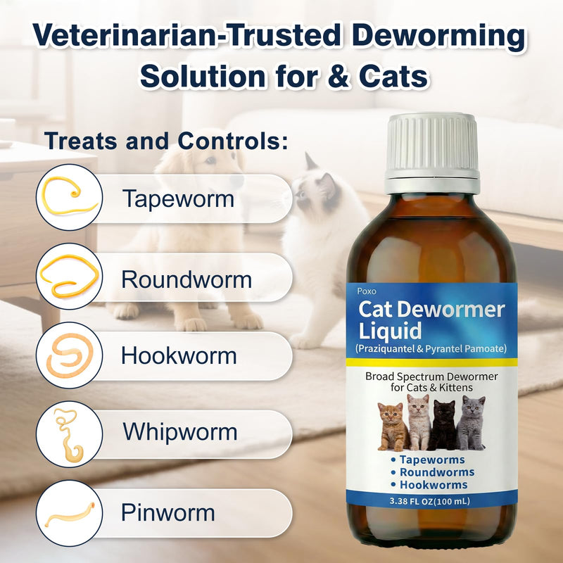 Broad Spectrum Dewormer Liquid for Cats and Kittens ( Praziquantel & Pyrantel Pamoate), No-Stress Dosing - Vet-Grade Defense - Safe for 6 Weeks+ | 100 mL