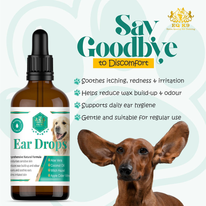 EQ K9 Dog Ear Drops – Natural Ear Cleaner for Dogs, Soothes Itchy Ears, Removes Wax & Odour, Gentle Non-Sting Formula with Aloe Vera, Witch Hazel & Coconut Oil – 100ml