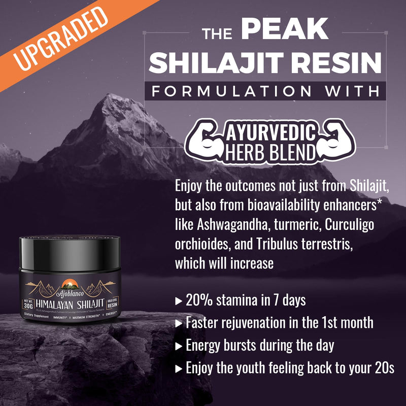Ajoblanco 600mg Shilajit Pure Himalayan Organic Shilajit Resin - Himalayan Shilajit Resin with Organic Ayurvedic Blend in High Potency for Energy, Strength & Immunity, 30 Grams 1 Ounce (Pack of 1) - BeesActive Australia