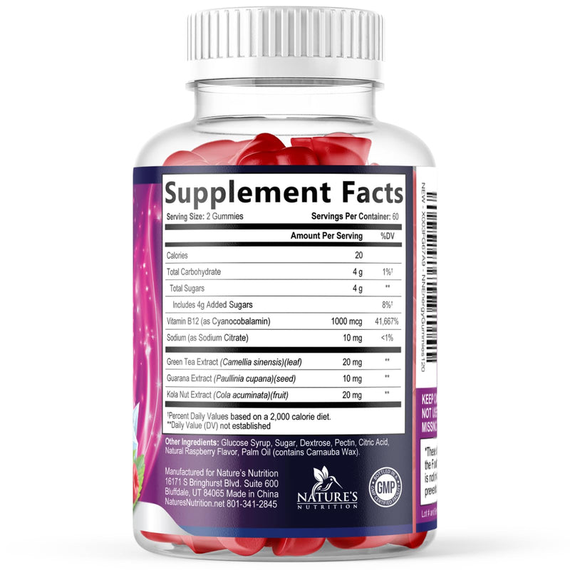 Energy Gummies - Vitamin B12 1000 mcg Per Serving - Daily Energy Chews with Natural Caffeine from Green Tea, Berry Flavored B12 Gummy Exercise Supplement for Running Cycling & Sports - 120 Gummies 120 Count (Pack of 1)