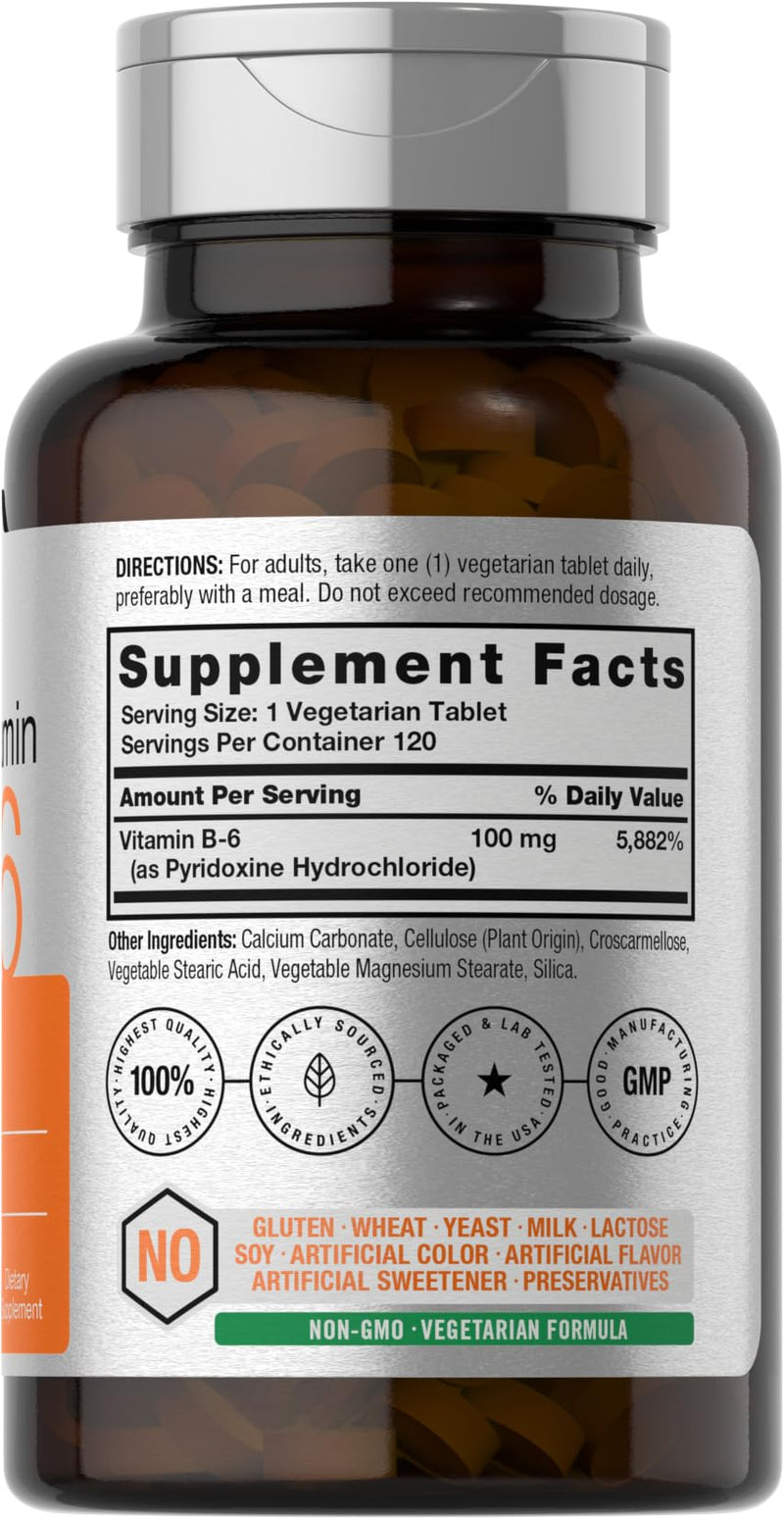 Horbaach Vitamin B6 100mg | 120 Tablets | Pyridoxine HCl | Vegetarian, Non-GMO & Gluten Free Supplement