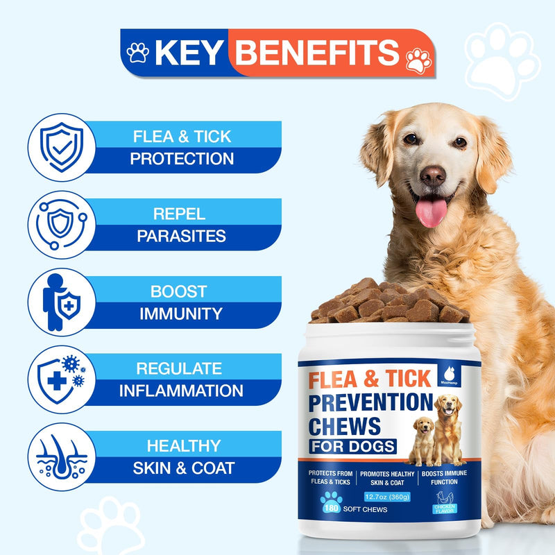 Natural Flea and Tick Prevention for Dogs Chewables, 180 Cts, Oral Flea Pills for Dogs, Dog Flea and Tick Treatment, Skin & Coat Support Supplement