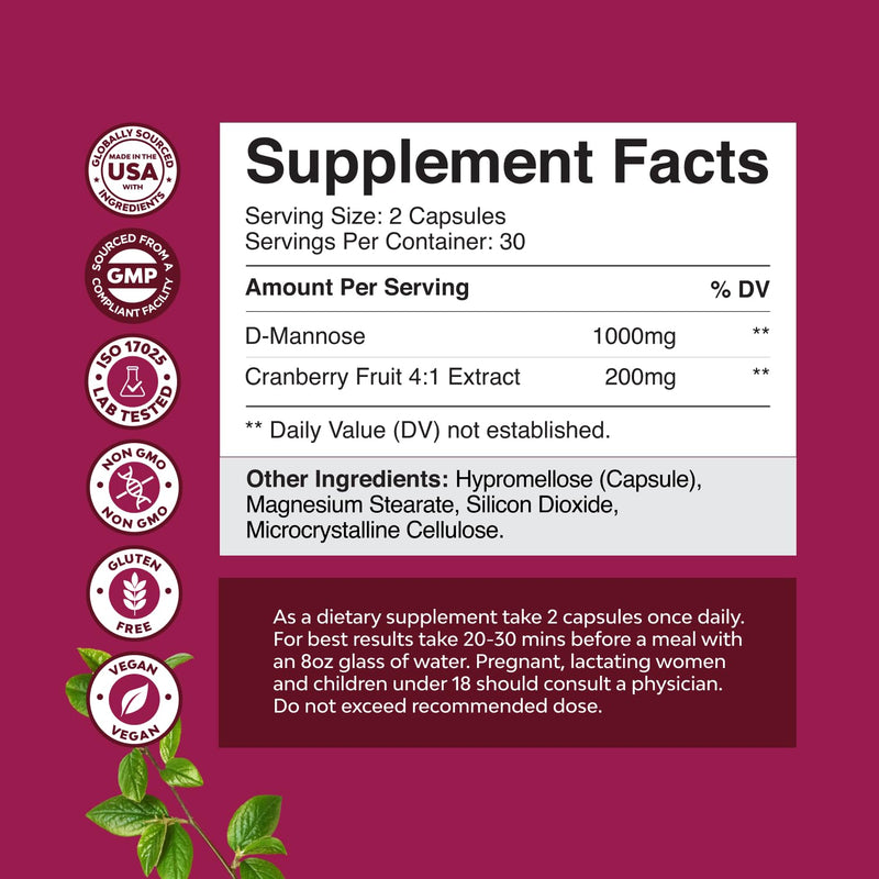 D Mannose with Cranberry Supplement - D Mannose 1000mg per Serving Capsules for Kidney Defense Support & Cleanse and Urinary Tract Health for Women & Men - Adults Bladder Health Supplement - 60 Count 60 Count (Pack of 1)