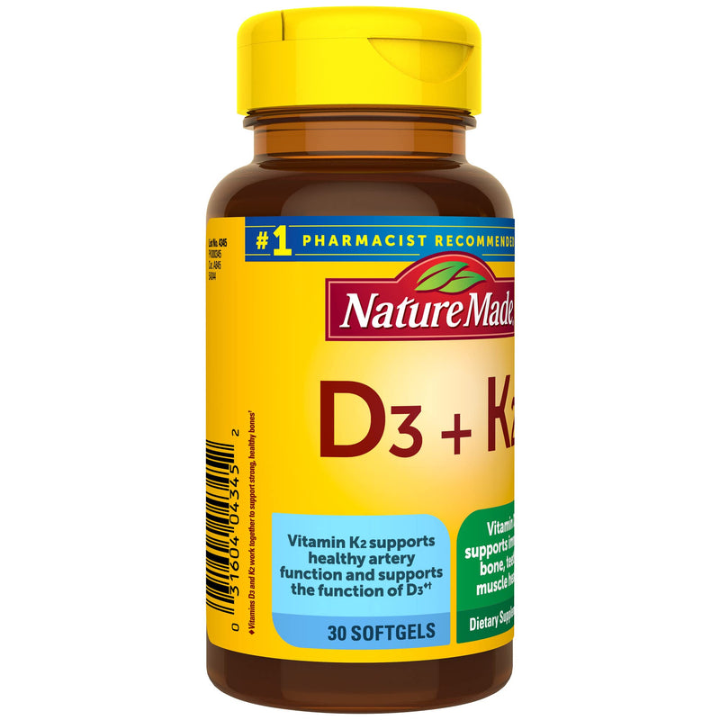 Nature Made Vitamin D3 K2, 5000 IU (125 mcg) Vitamin D, Dietary Supplement for Bone, Teeth, Muscle and Immune Health Support, 30 Softgels, 30 Day Supply Unflavored 30 Count (Pack of 1) - BeesActive Australia